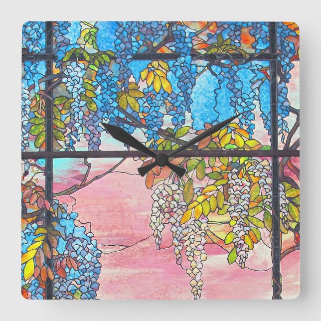 Blommor för art nouveaumålat glassWisteria tar tid Fyrkantig Klocka (Framsida)