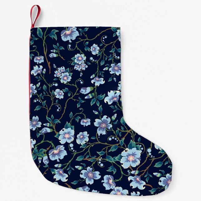 Blommor för barn: sömlös mörk blått liten julstrumpa (Framsidan)