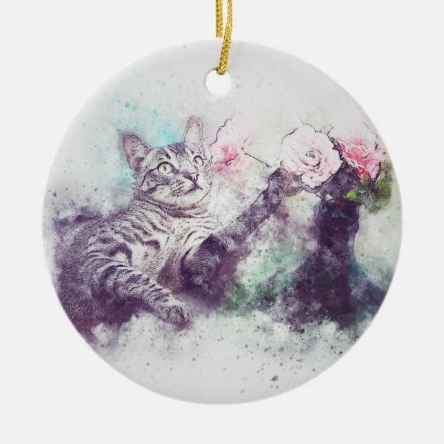 Blommor för Kattunge | ABSTRAKT | Vattenfärg Julgransprydnad Keramik (Framsidan)