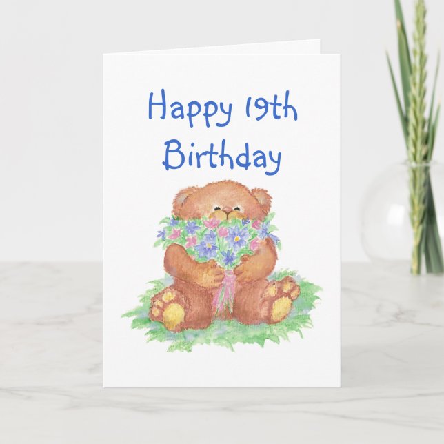 Blommor för nittonde födelsedagen, Nalle Card Kort (Framsida)