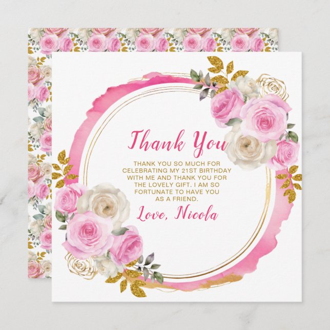 Blommor för Rosa och Guld Elegant Tack Kort (Fram/baksida)