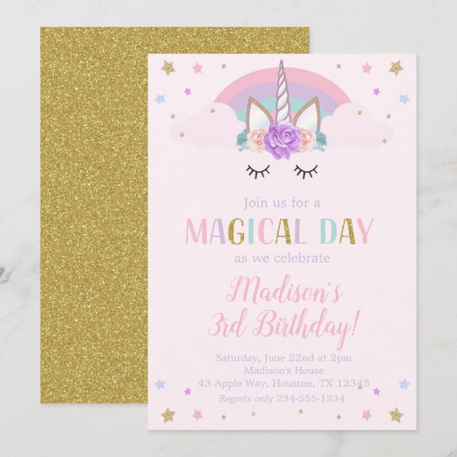 Blommor för Unicornfödelsedagsfestregnbåge Inbjudningar (Fram/baksida)