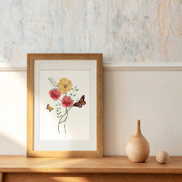 Blommor för vattenfärg, rött och Gult Poster