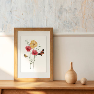 Blommor för vattenfärg, rött och Gult Poster