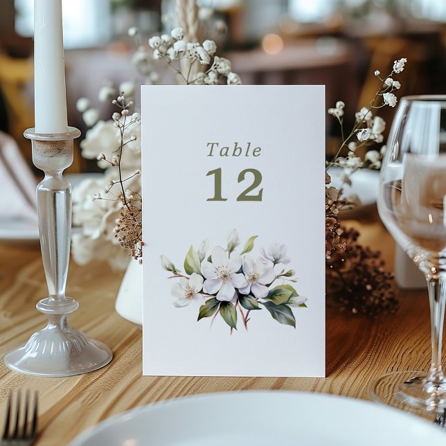 Blommor för vit äppelblommar Bordsnummer bord (White apple blossom flower Table Number table sign. A beautiful easy to read vibrant design.)