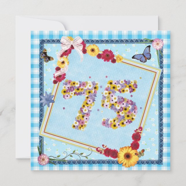 blommor från 75:e Födelsedagsfest inbjudan,fjärila Inbjudningar (Framsida)