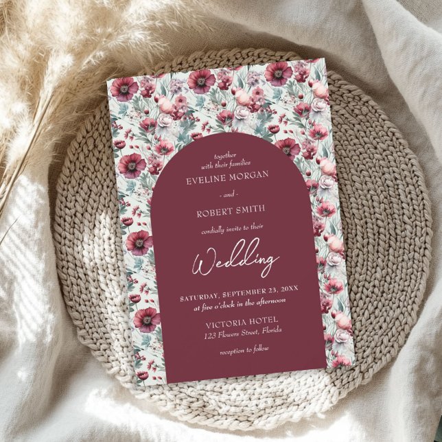 Blommor från Boho maron och rosa vild Inbjudningar (Boho maroon and pink wild flowers arched invitation)