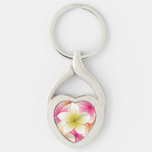 Blommor från Bright Frangipani/Plumeria Twisted Heart Silverfärgad Nyckelring