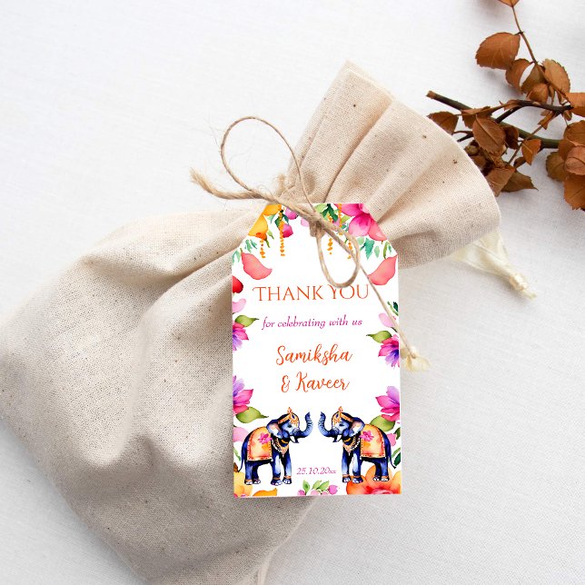 Blommor från bröllop presentetikett (Indian wedding elephants thank you favor gift tags modern watercolor colorful elephants flowers)