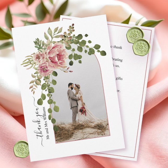 Blommor från Dusty ro, båge med foto bröllop Tack Kort (Skapare uppladdad)