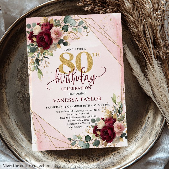 Blommor från Glamous boho marsala guld 80-årsdagen Inbjudningar (Glamorous boho marsala gold flowers 80th birthday invite

)