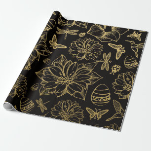 Blommor från guld, Påskägg, sömlösa blommor Presentpapper