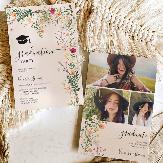 Blommor från vilden vår studenten inbjudningar (Bohemian meadow wild flowers spring graduation invitation)