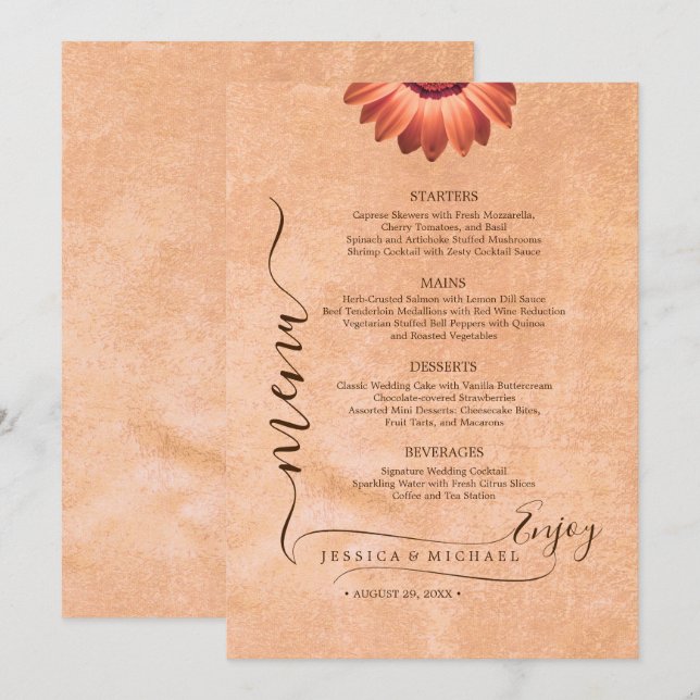 Blommor Gerbera på Abstrakt Peach Bröllop Meny (Fram/baksida)