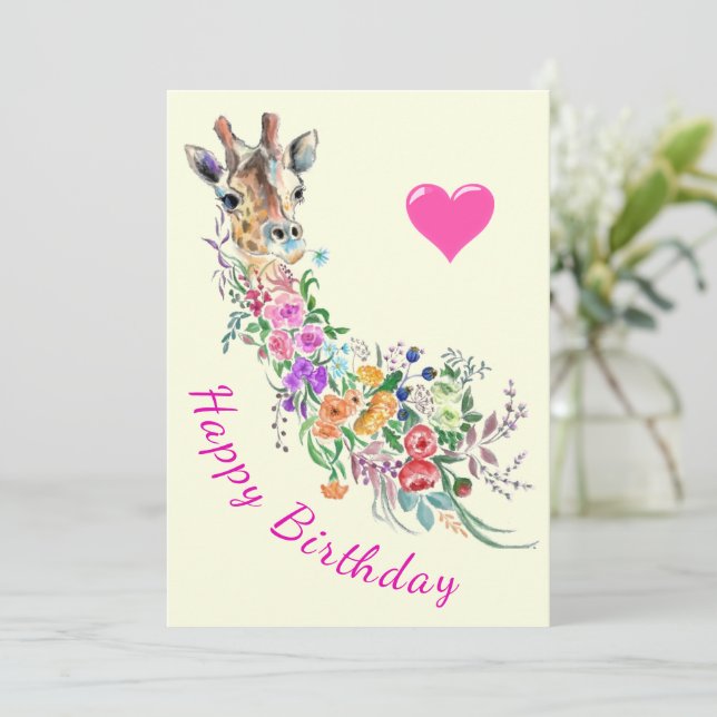 Blommor Giraffe Birthday Card Watercolor (Stående Fram)