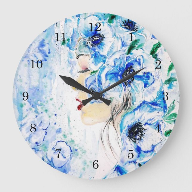 Blommor Girl Wall Clock - Blue Fantasy - Painting Stor Klocka (Framsida)