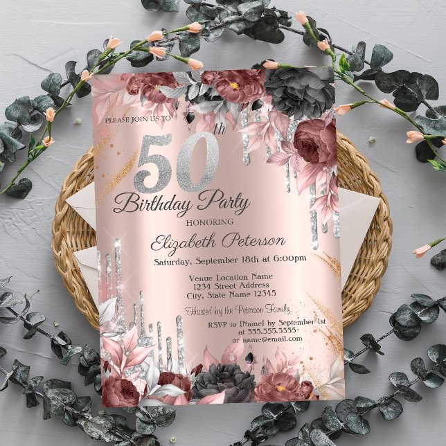 Blommor Glitter Dropar Rose Guld 50-årsdag Inbjudningar (Skapare uppladdad)
