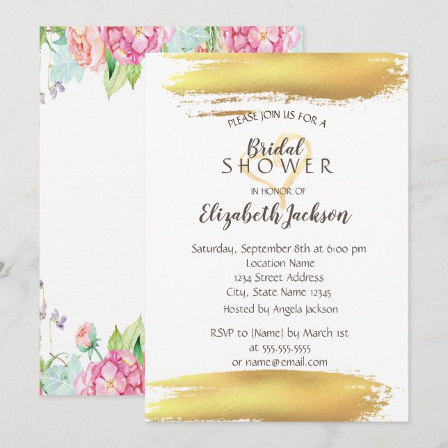 Blommor Guld Penseldrag Bröllopsdusch Inbjudningar (Fram/baksida)