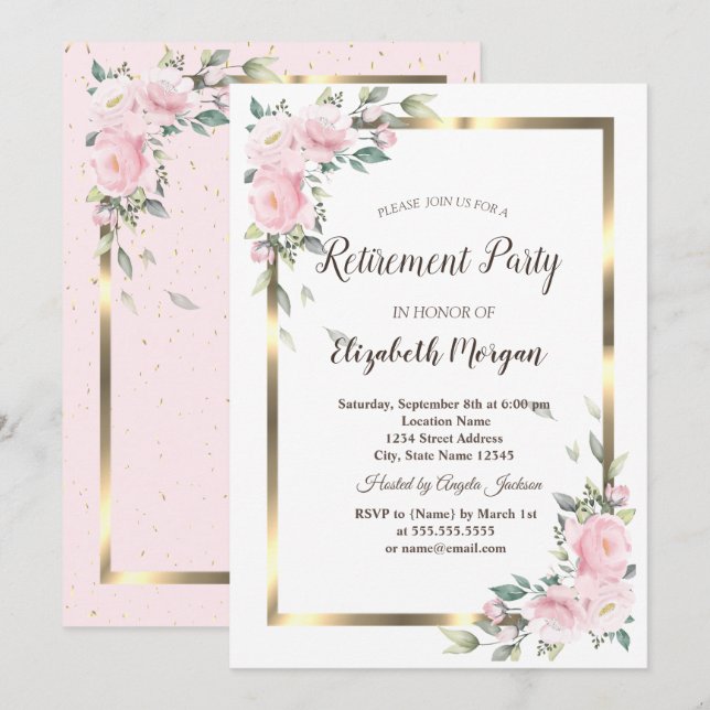 Blommor Guld Ram Pensionärsfest Inbjudningar (Fram/baksida)