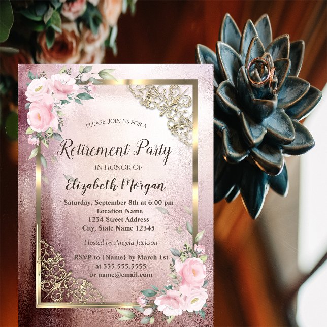 Blommor Guld Ram Pensionering Inbjudningar (Skapare uppladdad)