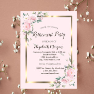 Blommor Guld Ram Rosa Pensionering Inbjudningar