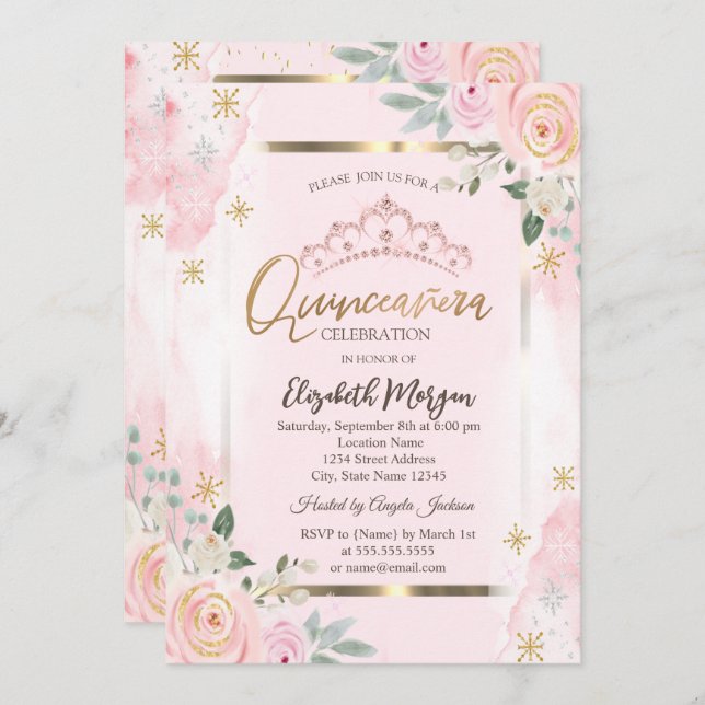 Blommor Guld Ram Rosa ros Quinceañera Inbjudningar (Fram/baksida)