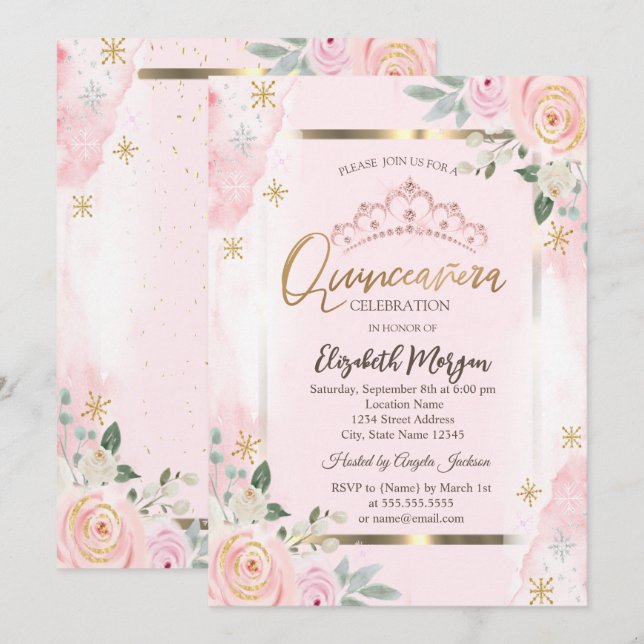 Blommor Guld Ram Rosa Rosor Quinceañera Inbjudningar (Fram/baksida)