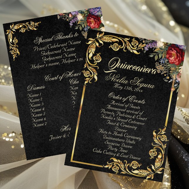 Blommor & Guldblad - Svart Quinceanera-program Program (Skapare uppladdad)