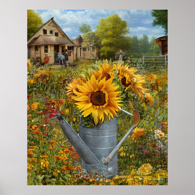 Blommor gult rosa teal water can farm house poster (Framsidan)