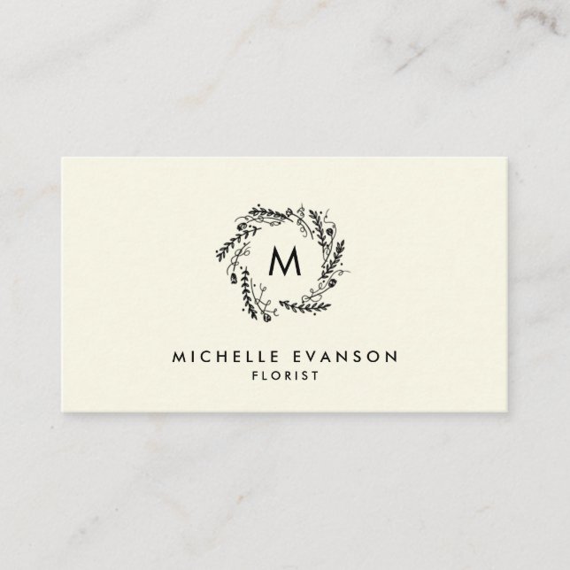 Blommor, humle, Monogram, krämer och svart Visitkort (Framsida)