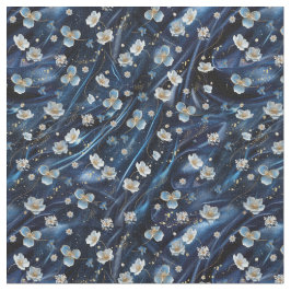 Blommor i abstrakten Vita och Guld på Simmery Blue Tyg