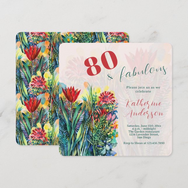 Blommor i akvarell – 80 och fantastisk födelsedag inbjudningar (Fram/baksida)