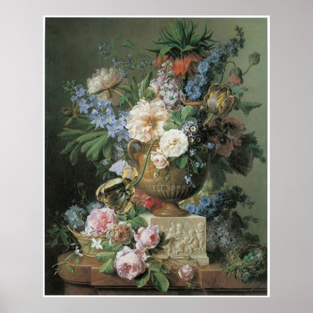 Blommor i Alabaster Vas med fågelvilt 1783 Poster (Framsidan)
