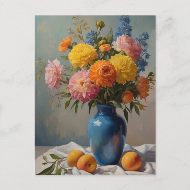 Blommor i blå vas vykort (Framsida)