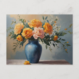 Blommor i blått vykort vas