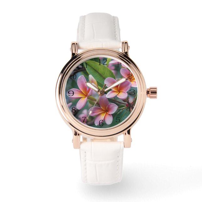 **"Blommor i blom: Rosa frangipani-blomträd Armbandsur (Framsida)