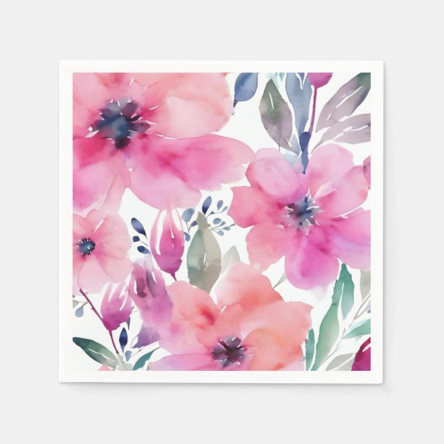 Blommor i blom | Vattenfärg rosa blommor målade Pappersservett (Framsidan)