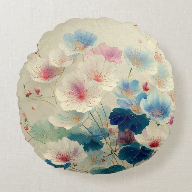 Blommor i blomning – Mjuk pastell botanisk konst # Rund Kudde (Framsidan)