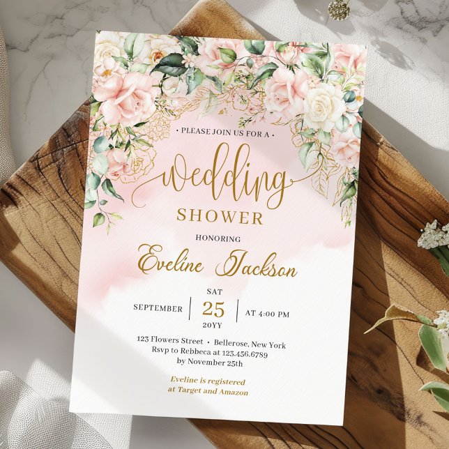  blommor i chic guld möhippa inbjudningar (Chic watercolor blush flowers eucalyptus and gold wedding shower invitation digital)