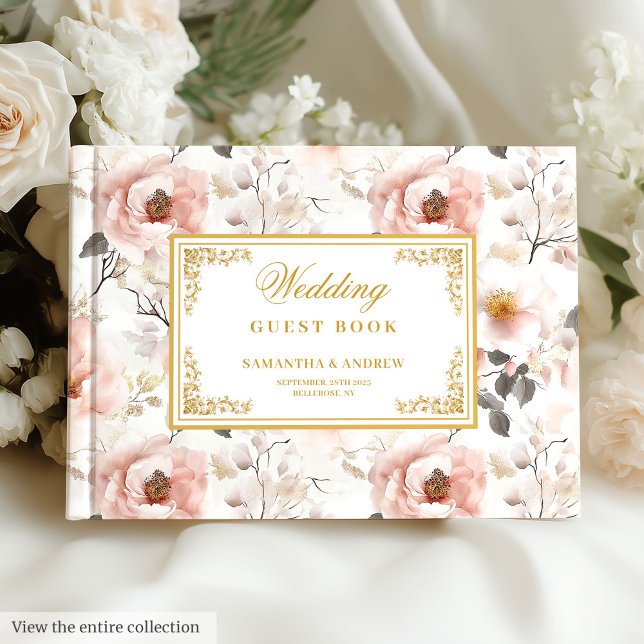  blommor i elegant guld bröllop gästböcker (Elegant watercolor blush flowers gold wedding Guest Book)