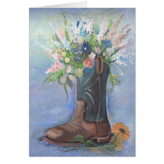 Blommor i en Cowboy Boot Hälsningskort (Framsidan)