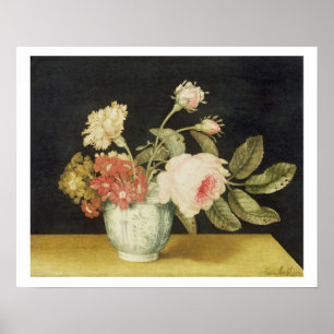 Blommor i en Delft burk (olja på panel) Poster