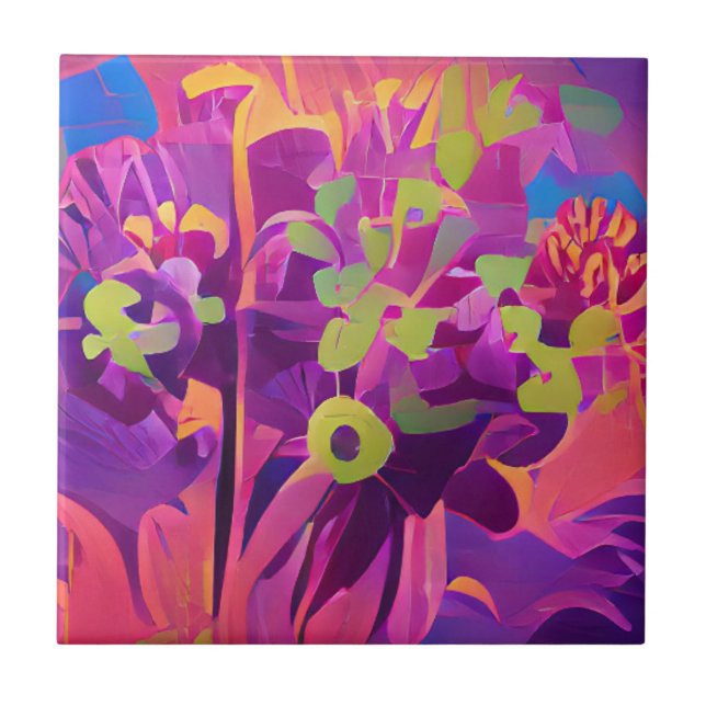 Blommor i en fält färgad abstrakt digital konst kakelplatta (Framsidan)