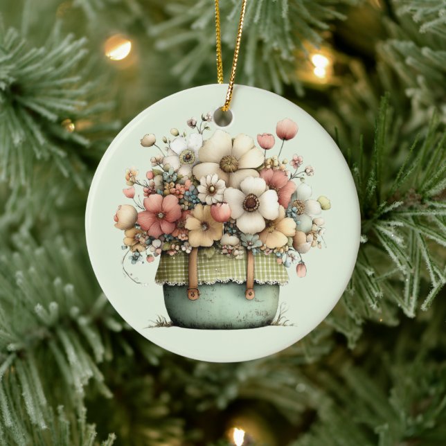 Blommor i en kruka Mysig shabby söt Julgransprydnad Keramik (Träd)