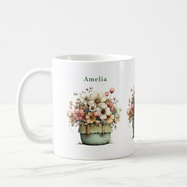 Blommor i en kruka Mysig shabby söt Kaffemugg (Vänster)