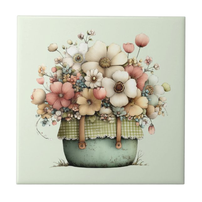 Blommor i en kruka Mysig shabby söt Kakelplatta (Framsidan)