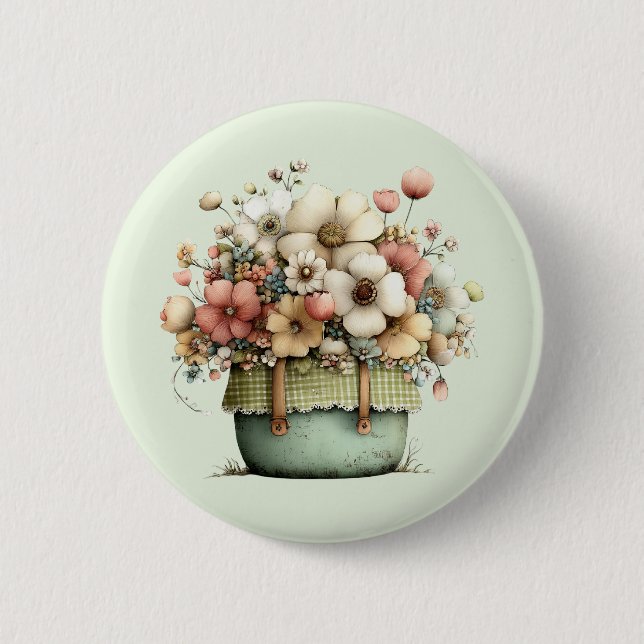 Blommor i en kruka Mysig shabby söt Knapp (Framsida)