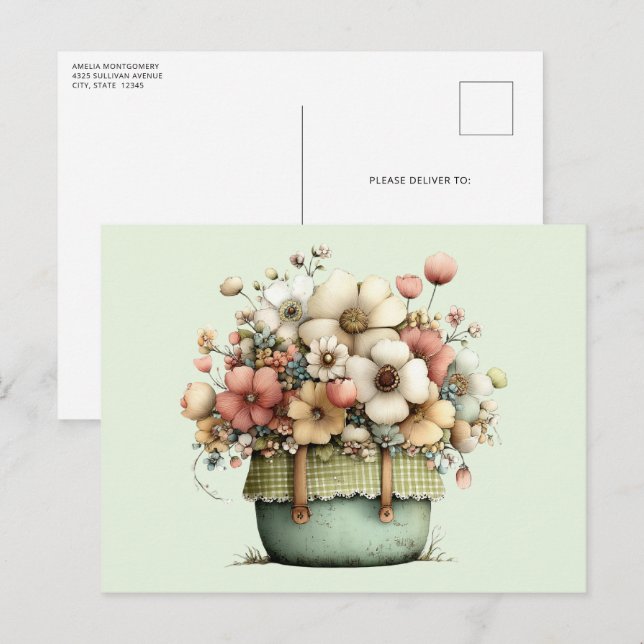 Blommor i en kruka Mysig shabby söt Vykort (Fram/baksida)