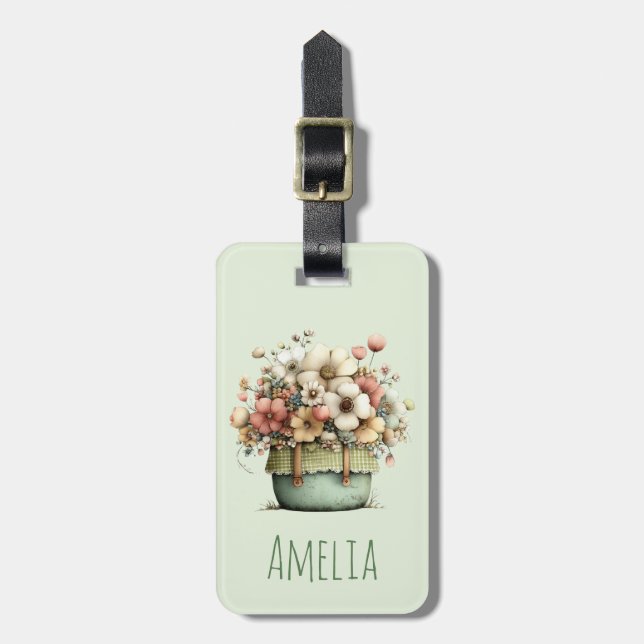Blommor i en kruka mysigt shabby sött bagagebricka (Vertikal Framsida)