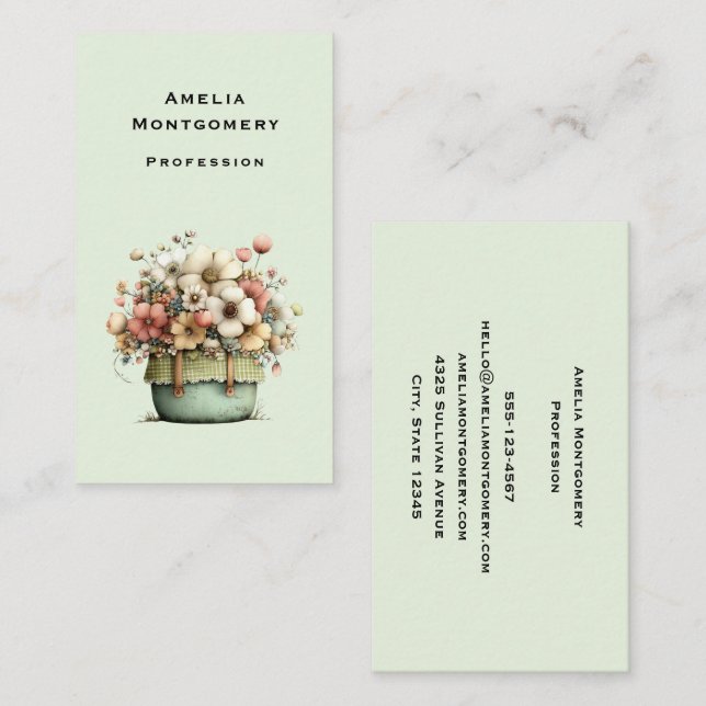 Blommor i en kruka mysigt shabby sött visitkort (Fram/baksida)